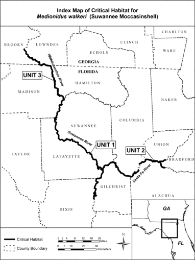 Regulatory graphic accompanying: Note: Index map of critical habitat units for the Suwannee moccasinshell in Florida and Georgia follows