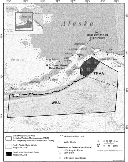 Regulatory graphic accompanying: Figure 1 to Paragraph (a)(2)—Geographic Mitigation Areas for Marine Mammals in the GOA Study Area