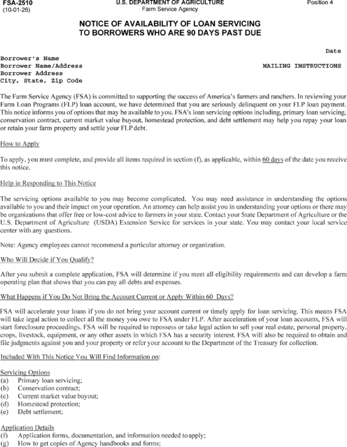 Regulatory graphic accompanying: This appendix A contains the notification (form letter) that the Farm Service Agency will send to borrowers who are at least 90 days past due on their loan payments…