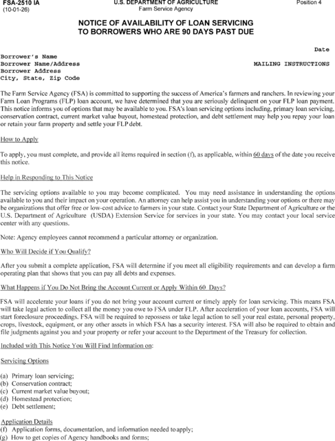 Regulatory graphic accompanying: This appendix contains the notification (form letter) that the Farm Service Agency will send to borrowers with loans in Iowa who are at least 90 days past due on their loan…