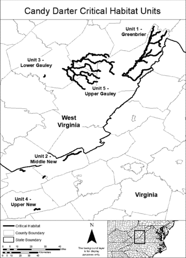 Regulatory graphic accompanying: Note: Index map of candy darter critical habitat units follows
