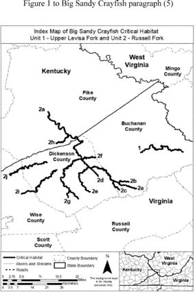 Regulatory graphic accompanying: Index map of critical habitat Units 1 and 2 for the Big Sandy crayfish follows
