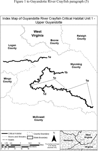 Regulatory graphic accompanying: Index map of critical habitat for the Guyandotte River crayfish follows
