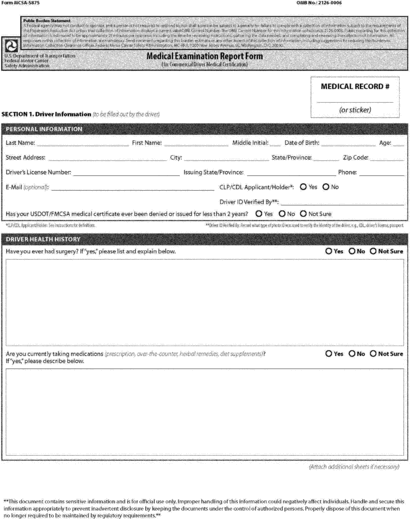 Regulatory graphic accompanying: The medical examination shall be performed, and its results shall be recorded on the Medical Examination Report Form, MCSA-5875, set out in this paragraph (f)