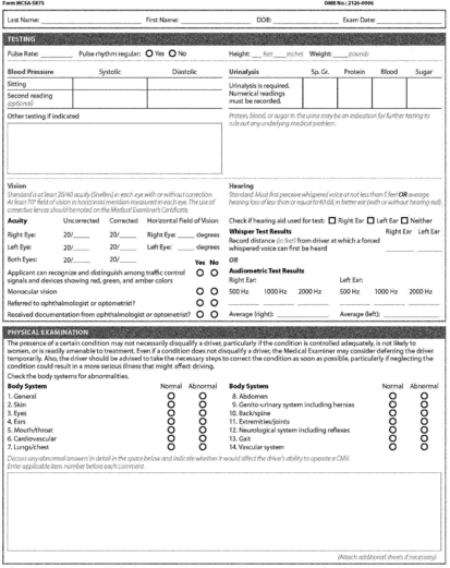 Regulatory graphic accompanying: The medical examination shall be performed, and its results shall be recorded on the Medical Examination Report Form, MCSA-5875, set out in this paragraph (f)