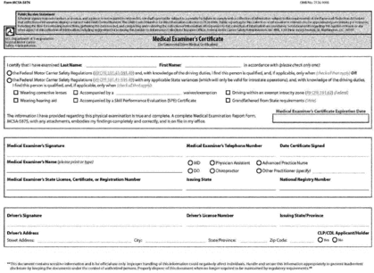 Regulatory graphic accompanying: The medical examiner's certificate shall be completed in accordance with the following Form MCSA-5876, Medical Examiner's Certificate