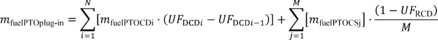 Regulatory graphic accompanying: Weight the emissions from the charge-sustaining and charge-depleting portions of the test to determine the utility factor-weighted fuel mass, m fuelUF[cycle]plug-in, using the…