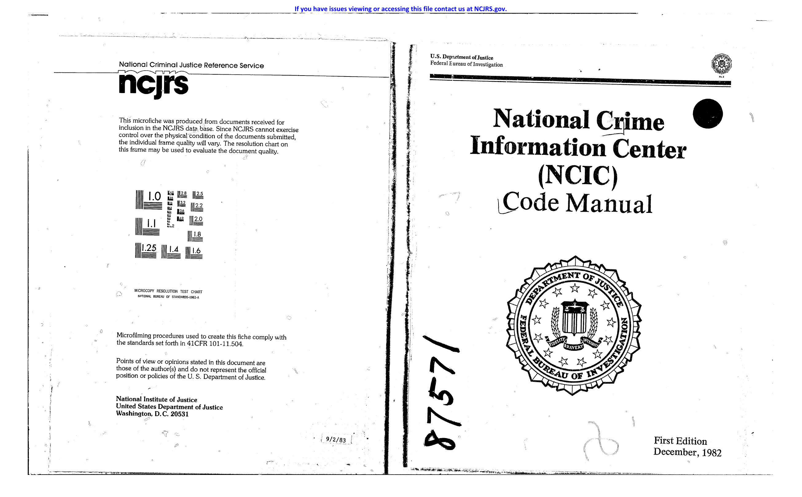 First-page preview of NCIC Code Manual, First Edition · December 1982